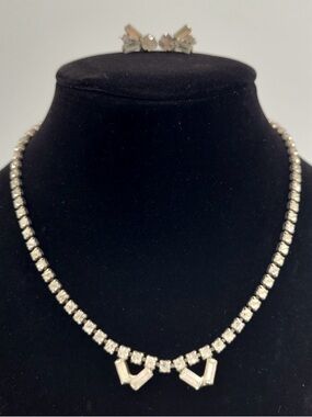 Vintage Silver Rhinestone Necklace Earring Set Statement Bridal